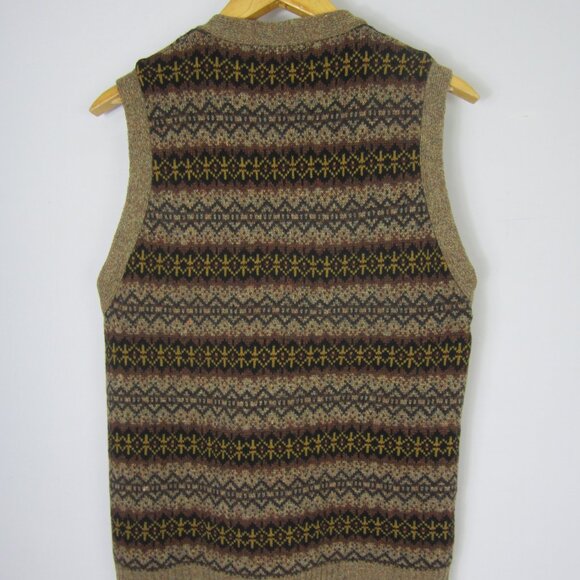 Geoffrey Been Mens Large Brown Black Lambswool Fair Isle Button Sweater Vest - Picture 10 of 10